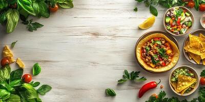 Fresh ingredients and vibrant dishes displayed on a rustic wooden table in a brightly lit kitchen setting photo