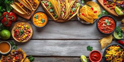Delicious taco spread featuring various toppings and sides arranged on a rustic wooden table in a vibrant setting photo