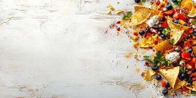 Colorful nacho platter with vibrant toppings on a rustic wooden table photo