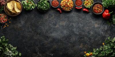Colorful array of fresh ingredients for making a delicious taco platter in a rustic kitchen setting photo