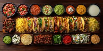 Tacos served with a variety of salsas and toppings on a wooden table at a festive gathering photo