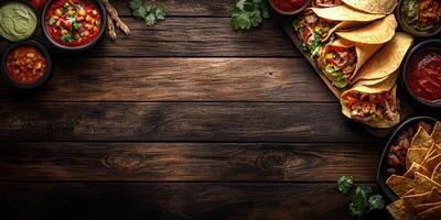 Delicious spread of tacos and dips on a rustic wooden table ready for a festive meal photo