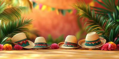 Colorful sombreros arranged on a festive table with vibrant decorations in a tropical setting photo