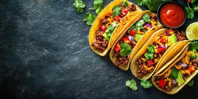 Tasty tacos filled with seasoned meat, fresh vegetables, and vibrant toppings served on a black stone countertop photo