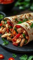 Delicious chicken and vegetable wraps served on a rustic black plate with fresh herbs and salsa on the side photo