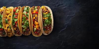 Deliciously arranged variety of flavorful tacos on a dark stone surface appealing to food lovers and enthusiasts photo