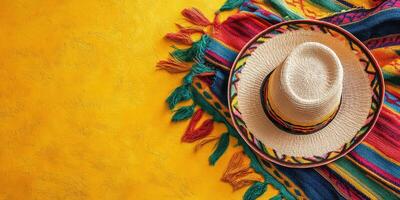 Colorful blanket and sombrero displayed on a vibrant yellow background showcasing traditional cultural elements photo