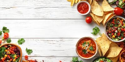 Delicious assortment of fresh Mexican food displayed on a rustic wooden table photo