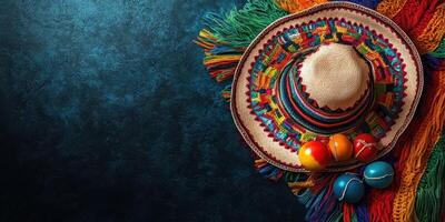Festive traditional sombrero with colorful tassels and decorative maracas on a dark background photo
