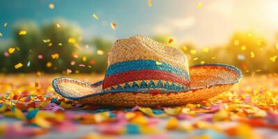 Colorful confetti surrounds a vibrant straw hat under a warm sun at a festive outdoor celebration photo