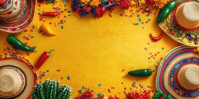 Colorful festive decorations with sombreros and chili peppers on a bright yellow background for a celebration photo