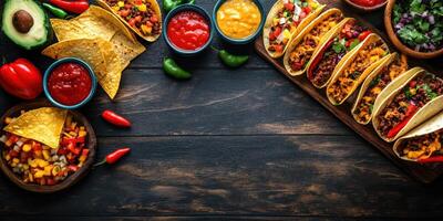 Tacos served on a wooden table with fresh ingredients and colorful dips showcasing a festive dining experience photo