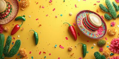 Vibrant fiesta decoration with sombrero, peppers, and cacti on bright yellow background photo