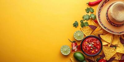 Colorful arrangement of nachos, salsa, and fresh ingredients for a festive gathering photo