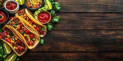 Freshly made tacos with colorful toppings and sides served on a rustic wooden table in a vibrant setting photo