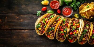 delicioso untado de hecho en casa tacos y papas fritas en un de madera mesa con Fresco ingredientes y salsas foto