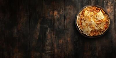 Tasty golden fried quesadillas served on a dark wooden table ready to be enjoyed photo