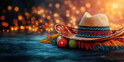 Colorful traditional sombrero with decorative elements and festive accessories on a vibrant background photo