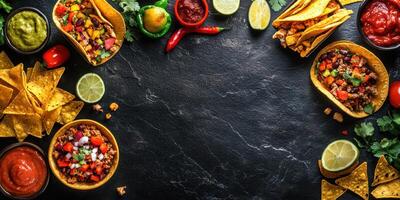 Delicious array of colorful tacos and fresh ingredients displayed on a dark stone background for a casual dining experience photo
