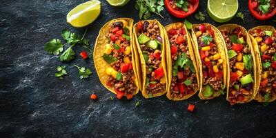 Tacos filled with seasoned meat, colorful vegetables, and fresh garnishes served on a dark stone surface photo