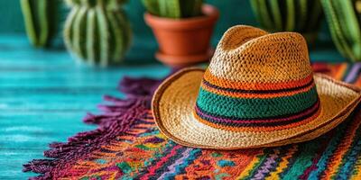 Colorful sombrero on a vibrant woven blanket near cacti in a bright setting photo