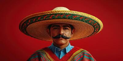 Traditional Mexican man wearing a sombrero poses against a vibrant red backdrop photo