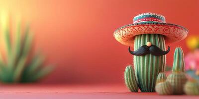 Cactus character with sombrero and mustache sits against a colorful background in a whimsical desert setting photo