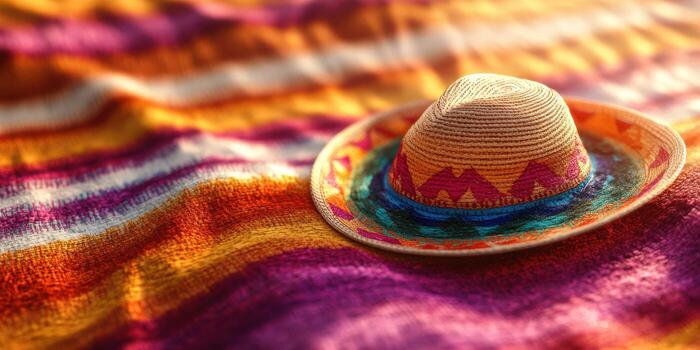 Vibrant straw hat resting on a colorful woven blanket in a warm outdoor setting during a festive gathering photo