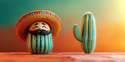Colorful cactus with a sombrero and mustache near a tall cactus at sunset in a vibrant desert landscape photo