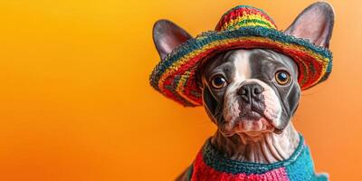 Dog in colorful sombrero celebrating a festive occasion with vibrant background photo