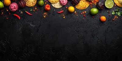 Tacos, colorful vegetables, and vibrant spices arranged on a dark surface create a festive atmosphere perfect for gathering photo