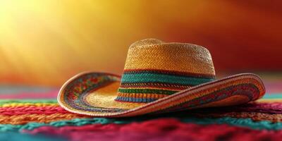 Colorful sombrero displayed on vibrant woven fabric under warm sunlight in a festive setting photo