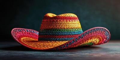 Colorful woven sombrero displayed against a dark background highlighting its intricate patterns and design photo