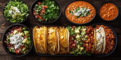 Colorful spread of tacos, salads, and warm soup arranged on a wooden table photo