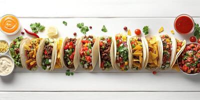 Tacos filled with fresh ingredients served with multiple sides at a vibrant gathering photo
