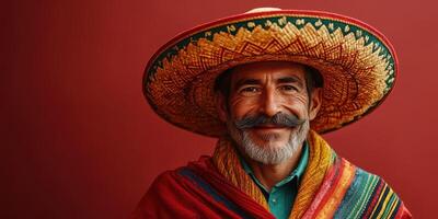 Smiling man in a colorful sombrero and traditional poncho against a red background photo