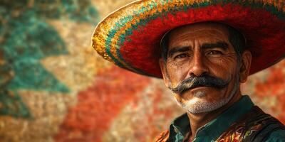 Portrait of a man wearing a traditional sombrero against a colorful backdrop in a vibrant cultural setting photo