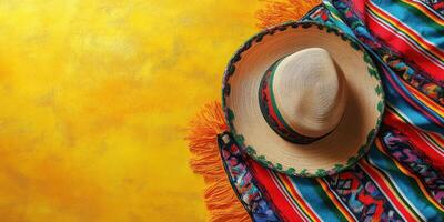 Colorful sombrero and traditional blanket set against a vibrant yellow background creating a festive atmosphere for celebration photo