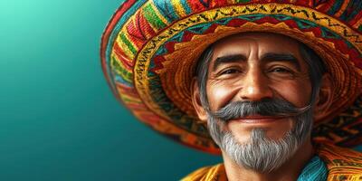 Smiling older man wearing a colorful sombrero with intricate patterns during a cultural celebration photo