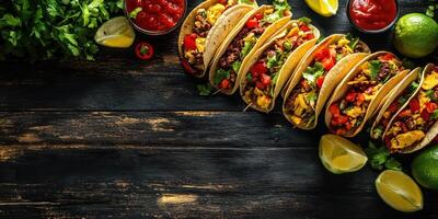 Delicious assortment of tacos with fresh toppings served on a rustic wooden table during a vibrant gathering photo
