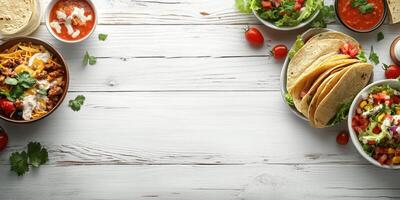 Colorful spread of taco ingredients and toppings on a wooden table for a festive gathering photo