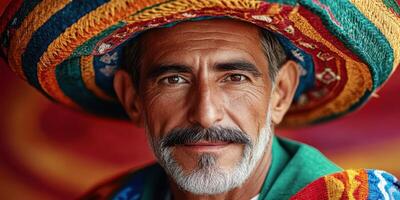 Portrait of a man wearing a colorful traditional sombrero during a cultural celebration showcasing vibrant heritage and attire photo
