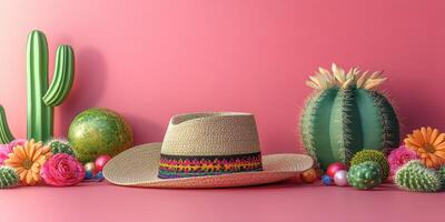 Colorful sombrero surrounded by vibrant flowers and cacti creates a cheerful decoration photo