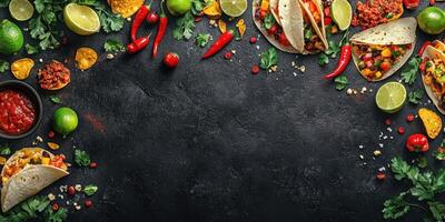 Colorful spread of tacos, salsa, and fresh ingredients on a dark countertop inviting a festive meal photo