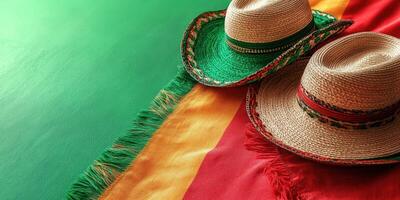 Colorful sombreros placed on vibrant Mexican flags for a festive celebration or event photo