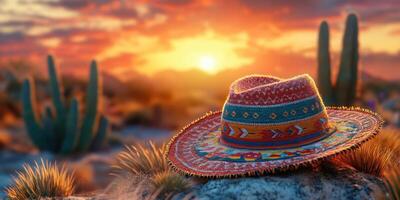 Vibrant sombrero resting on a cactus-studded landscape during sunset in the desert photo