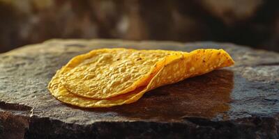 Warm corn tortillas resting on a stone surface during sunset in a rustic kitchen photo