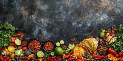Colorful spread of fresh ingredients for making tacos on a rustic surface photo