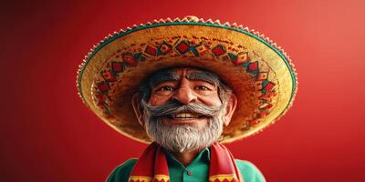 Smiling man wearing a traditional sombrero and colorful attire against a vibrant red background photo