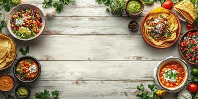 Delicious traditional Mexican food set on rustic wooden table during a vibrant gathering photo